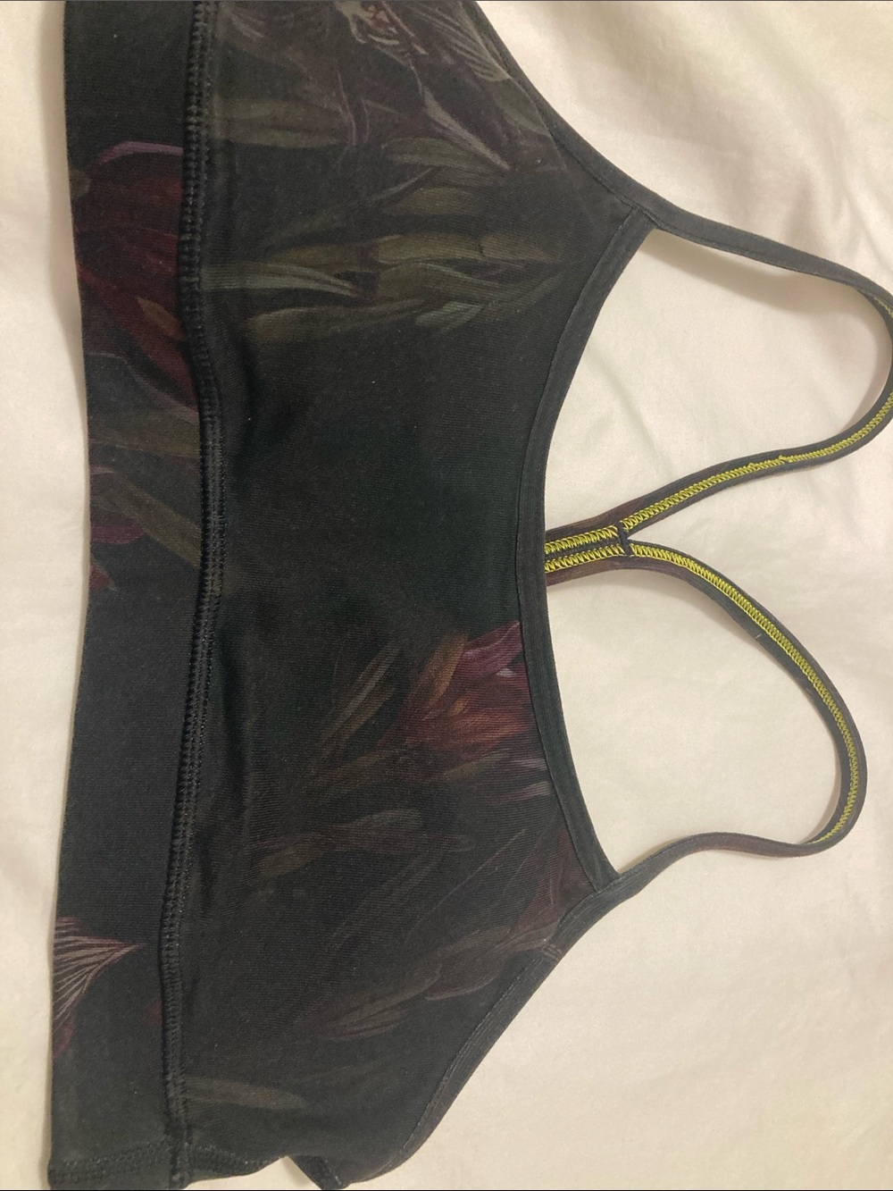Lululemon racer back black purple, tulip and green leaf running bra